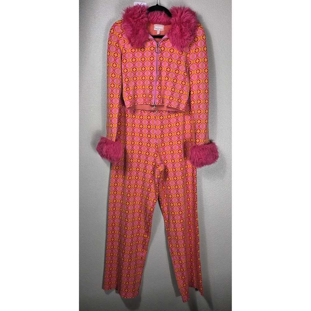 Show Me Your Mumu Zermatt Faux Fur Matching Set Pink Orange Retro Jacquard M/L